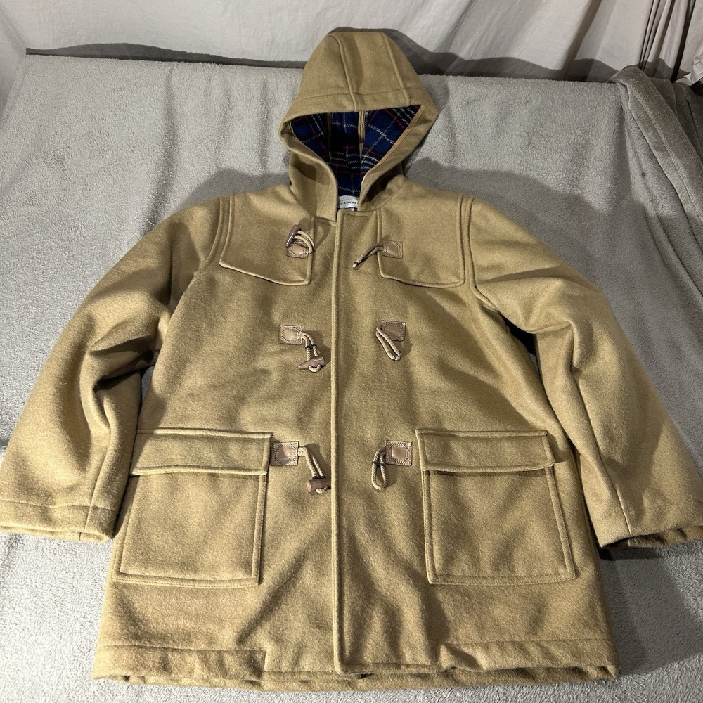 Vtg Falls Creek Tan Wool Blend Duffle Toggle Coat Hooded Plaid Womens 10/12 L